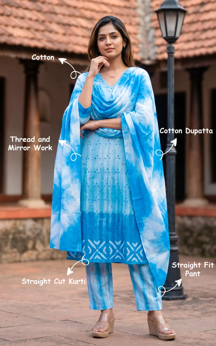 Sky Blue Ombre V Neck Straight Salwar set